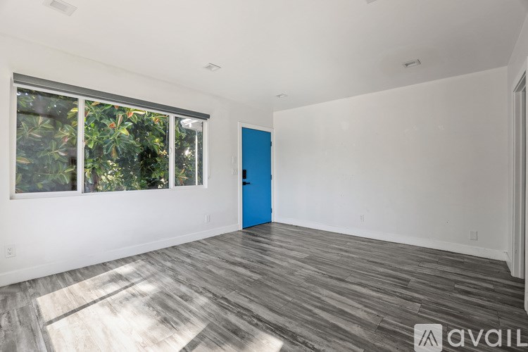 A room with a blue door and a window showing greenery outside.