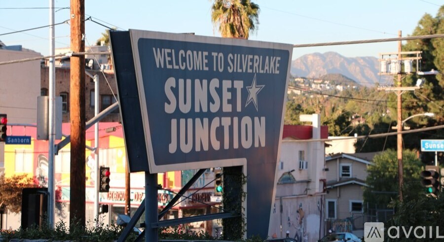 A large sign welcoming people to Silverlake Sunset Junction.