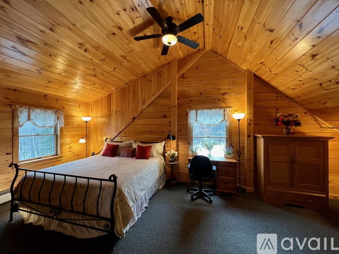 A bedroom with a bed, desk, and chair.