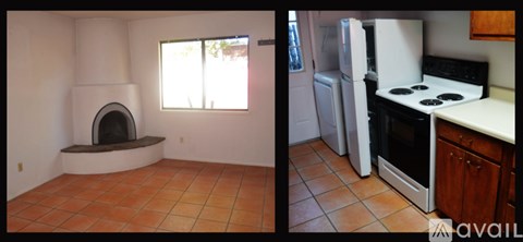 A kitchen with tile flooring and a white stove top oven.