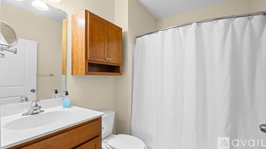 A bathroom with a white sink, toilet, and shower curtain.