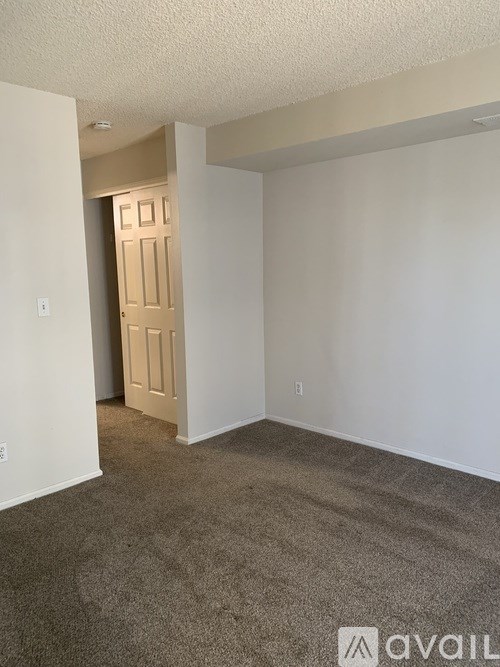 A room with a carpeted floor and a door in the background.