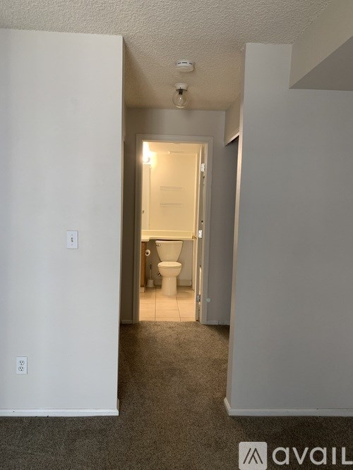 A bathroom with a toilet and a doorway leading to another room.