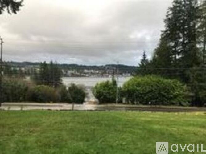 A grassy field with a body of water and trees in the distance.