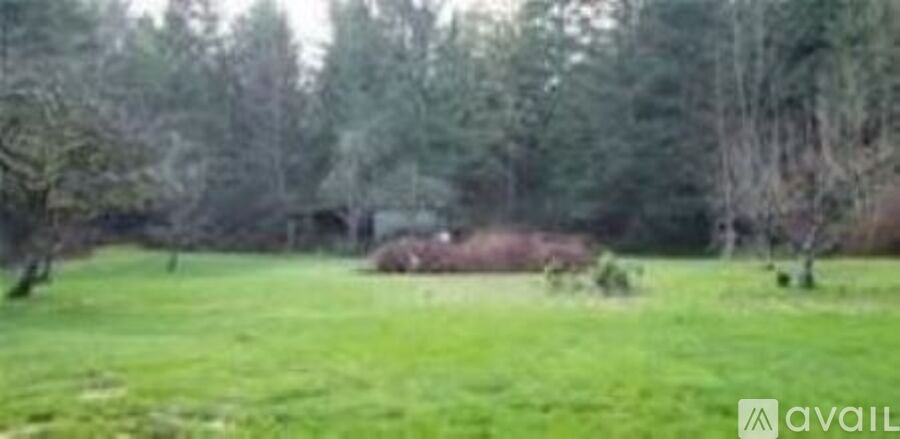 A grassy field with trees and a small building in the distance.
