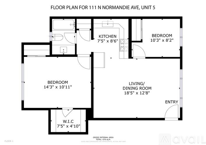 A black and white image of a floor plan for a unit at 111 N Normandie Ave.
