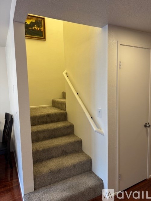 A staircase with a carpeted runner and a wooden handrail.