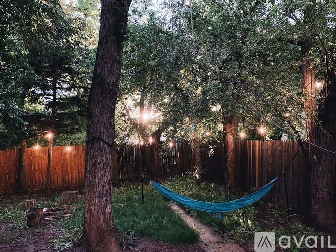 A hammock is hanging between two trees in a backyard.