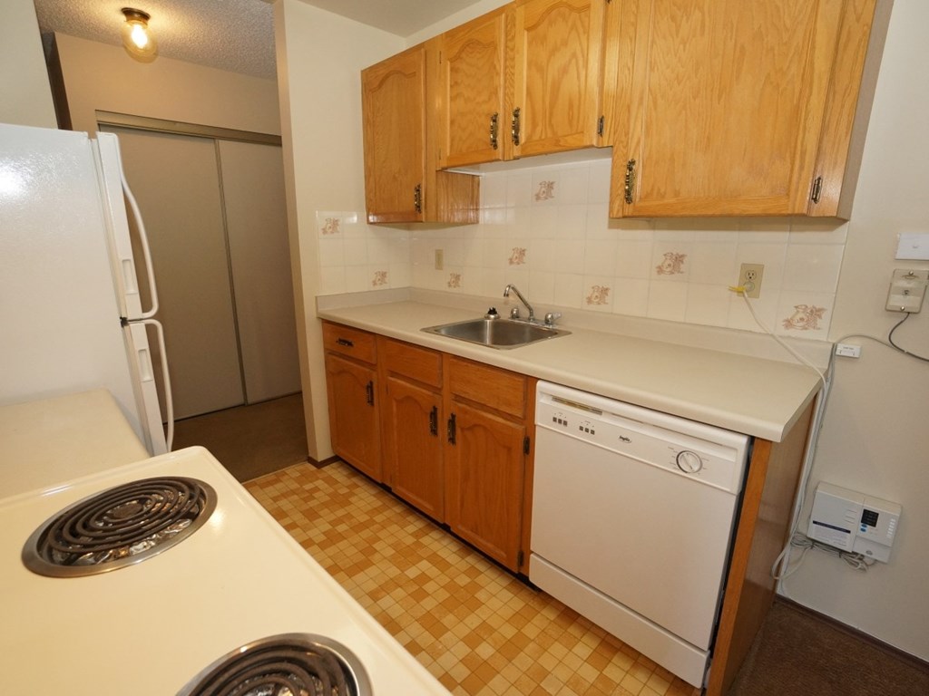A kitchen with a white fridge and a white dishwasher.
