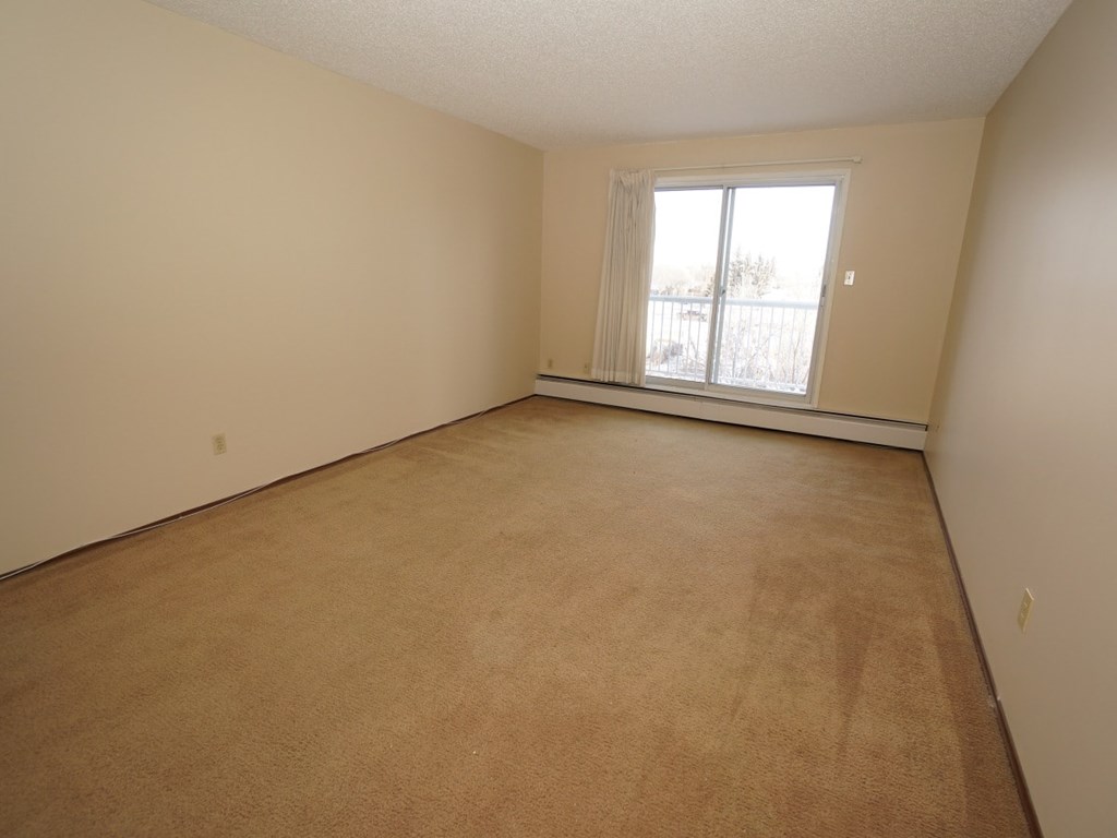 Empty room with brown carpet and a window.