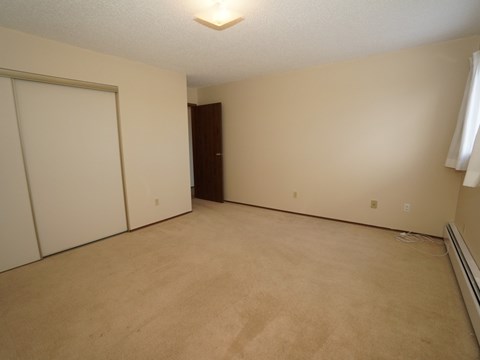 A room with a carpeted floor and a white door.