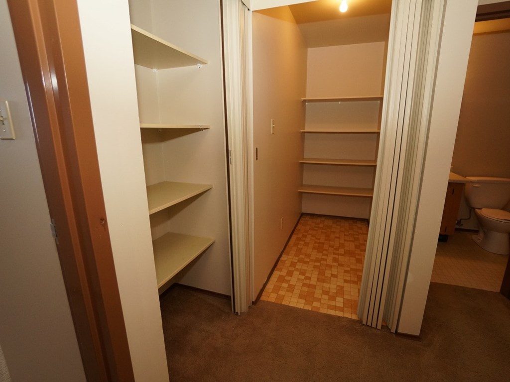 A room with a carpeted floor and a toilet in the background.