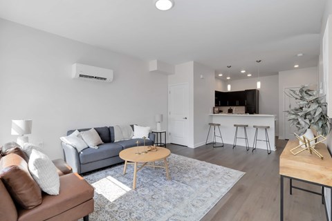 A living room with a brown couch and a coffee table.