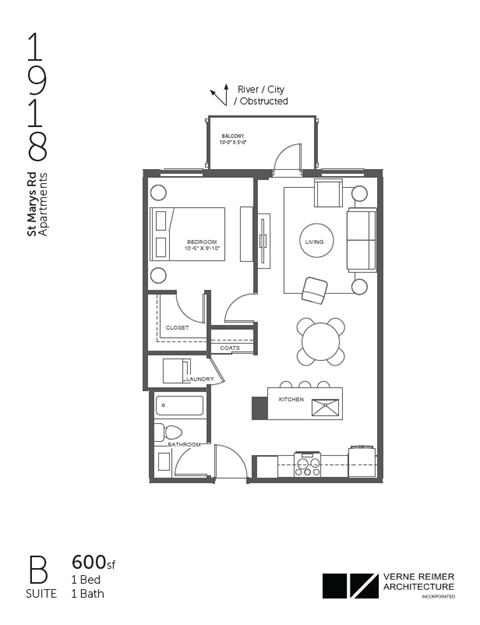 A floor plan for a 600 square foot suite with one bed and one bath.