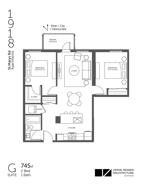 A floor plan of a 745 square foot apartment with two bedrooms and one bath.