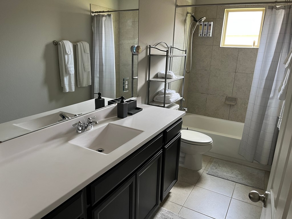 A bathroom with a white sink and black cabinets.