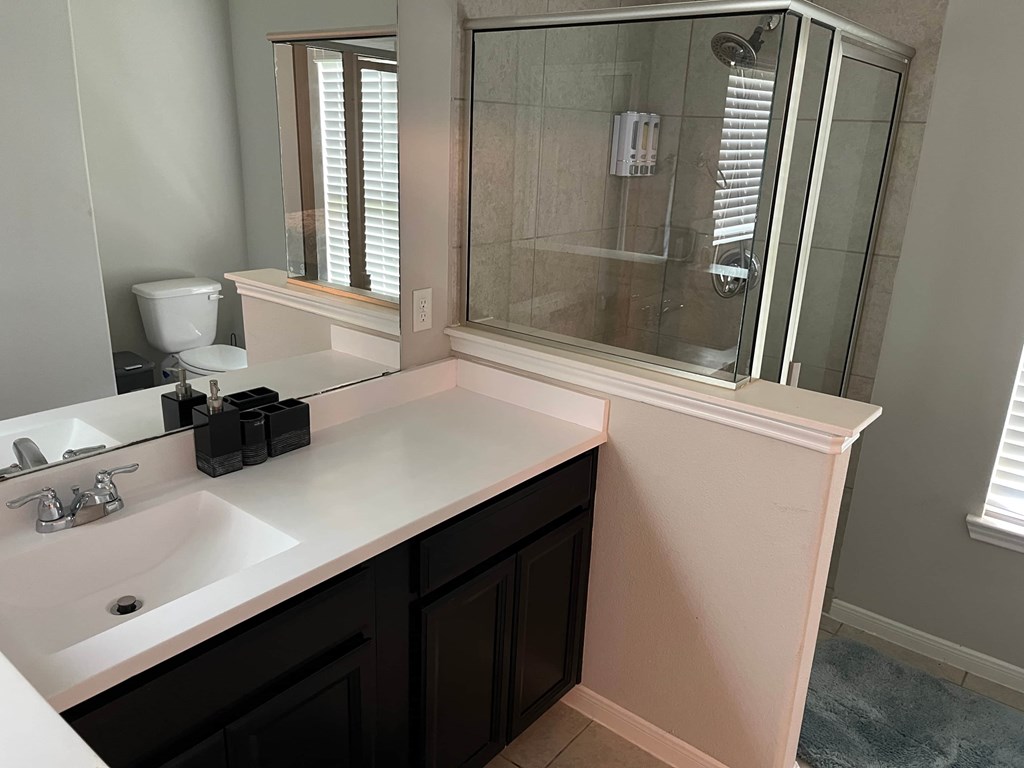 A bathroom with a sink, mirror, and shower.