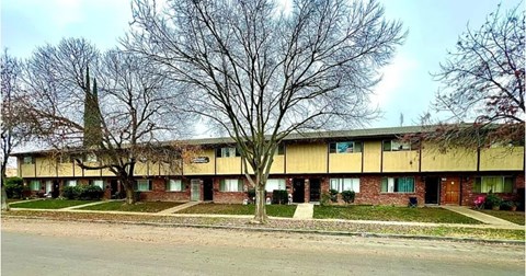 A long building with a tree in front of it.