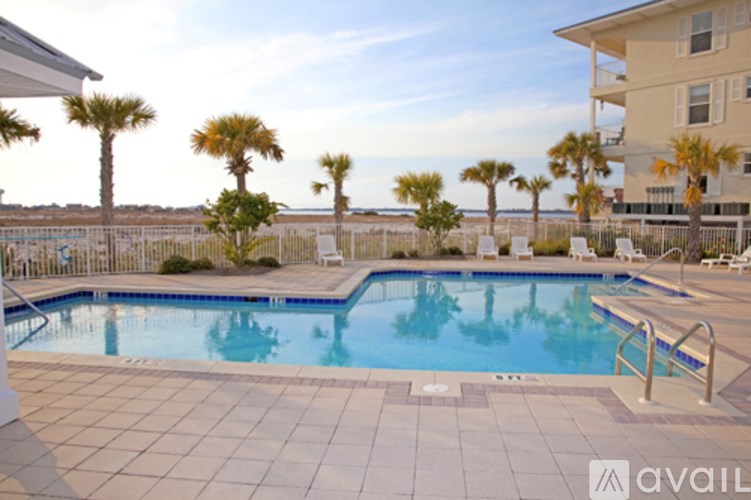 A pool surrounded by palm trees and a white fence.