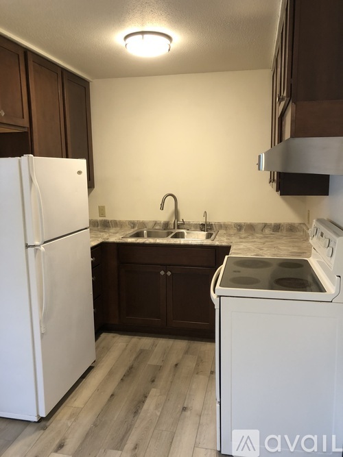 A kitchen with a white refrigerator and a white dishwasher.