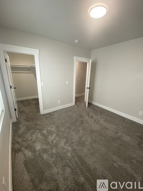 A room with carpeted floor and two open closets.