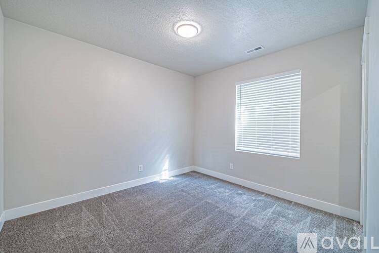 A long hallway with a carpeted floor and a door at the end.