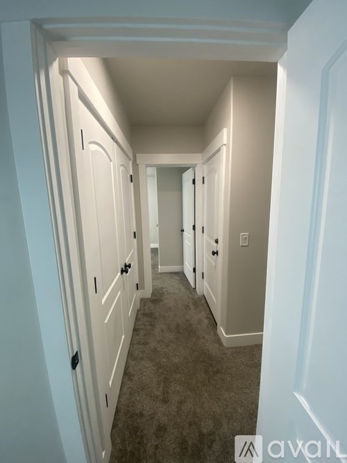A hallway with white doors and a carpeted floor.