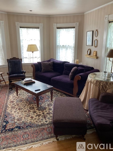 A living room with a purple couch and a rug.