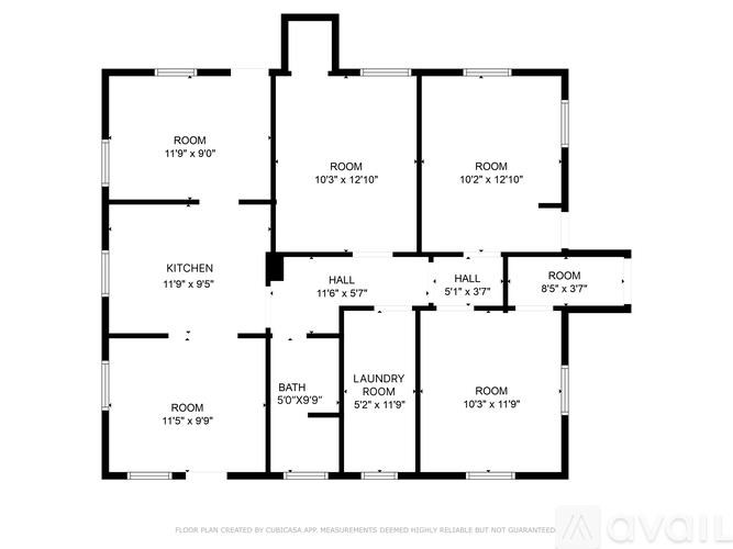 A floor plan for a house with a kitchen, two bathrooms, and four bedrooms.