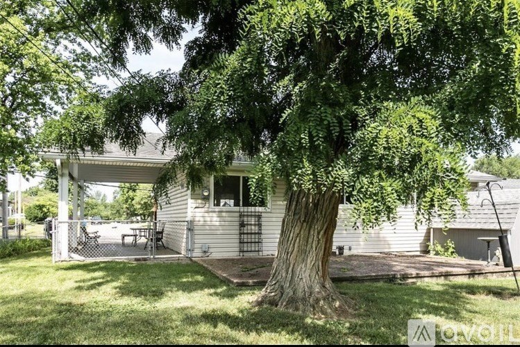 A tree in front of a house with a porch.