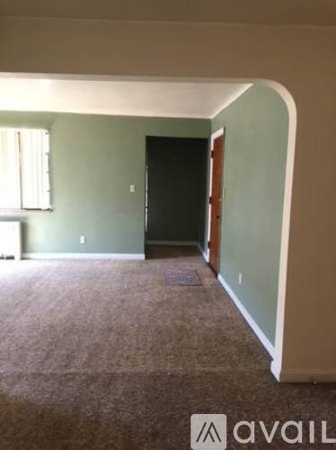 A room with a carpeted floor and a black door.