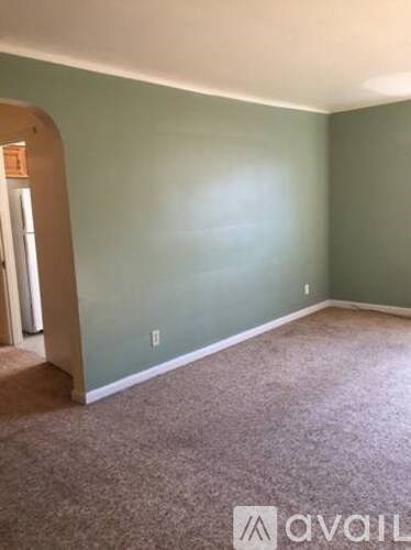 A room with carpeted floor and green walls.