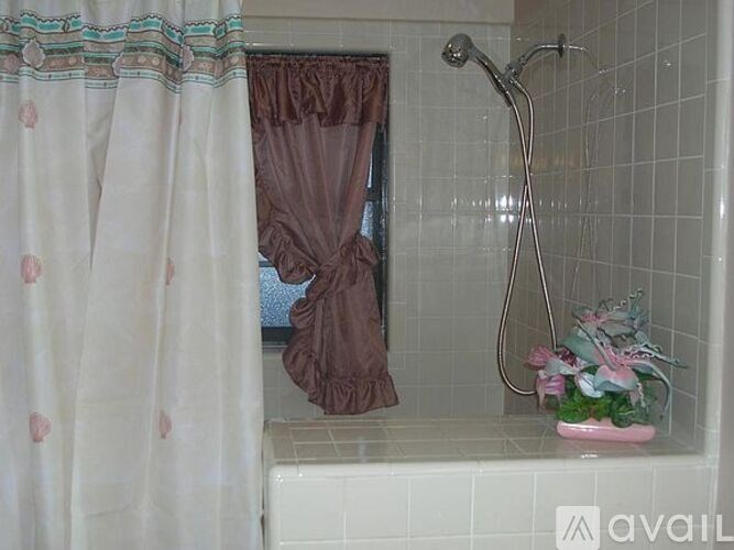 A shower area with a curtain and a shower head.