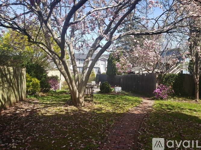 A tree with pink blossoms is in the middle of a grassy area with a brick path leading to a house.