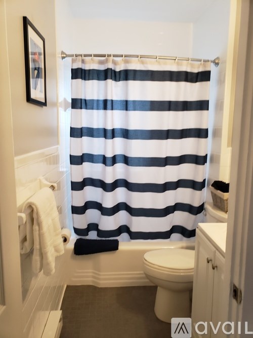 A bathroom with a white toilet and a blue and white striped shower curtain.