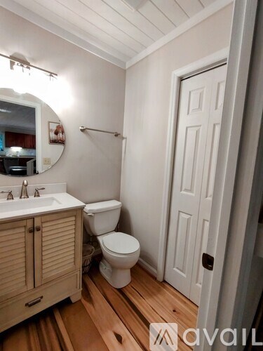 A bathroom with a toilet, sink, and wooden floors.