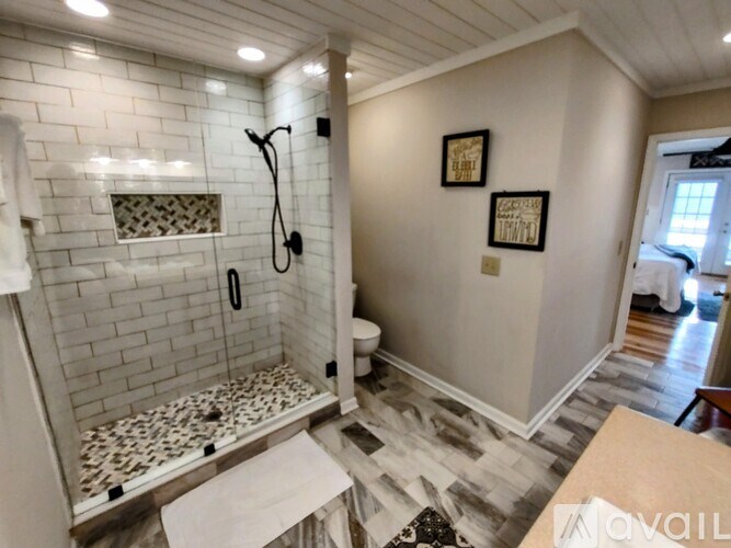 A bathroom with a shower and toilet.