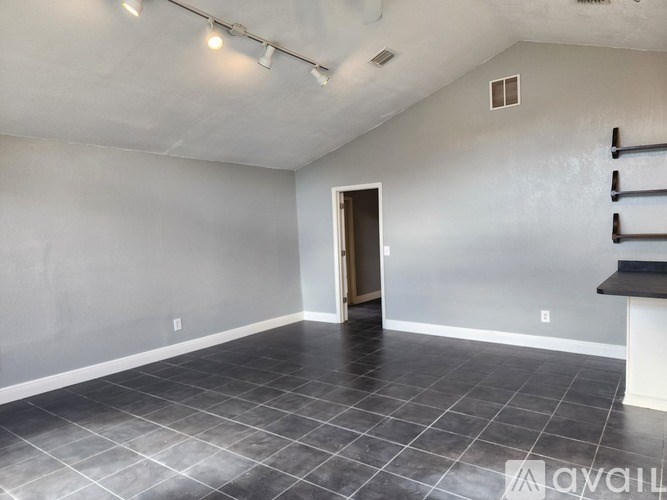 A room with a black tile floor and a door in the middle.