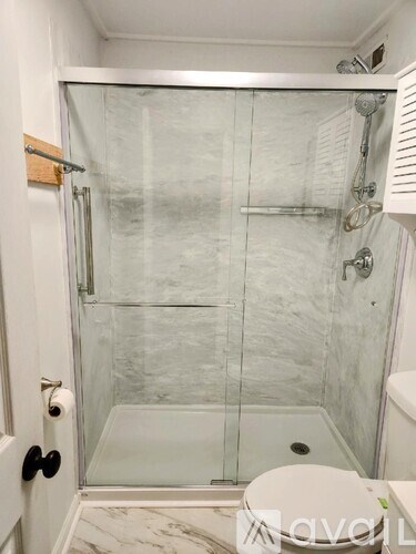 A white toilet is in a glass shower stall.
