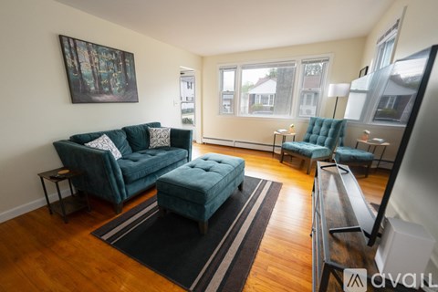 A living room with a green couch and a black and white striped rug.