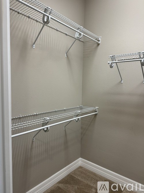 A walk-in closet with white shelving and a carpeted floor.