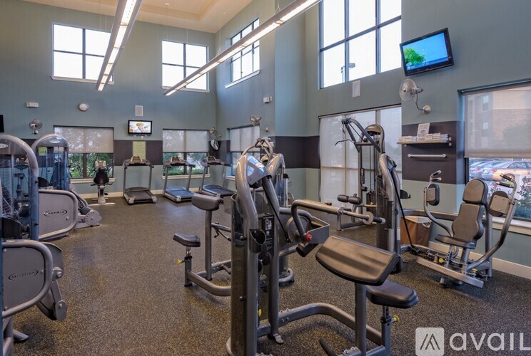 A gym with various exercise machines and a TV mounted on the wall.