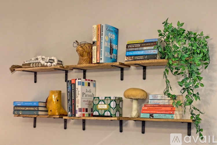 A shelf with books and a plant on it.
