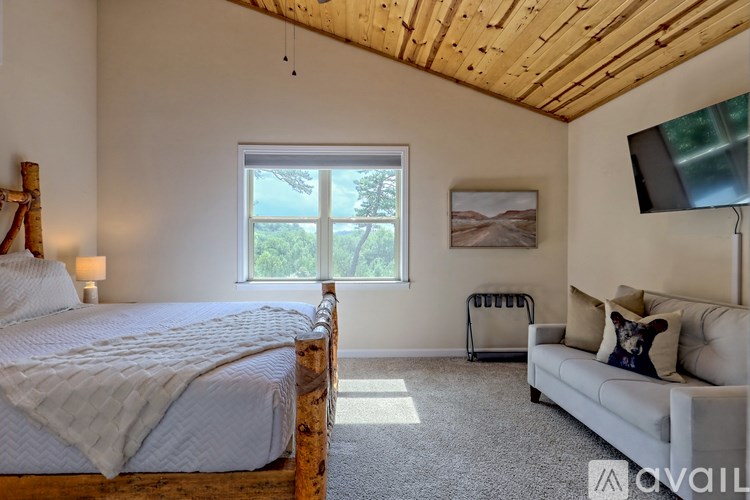 A bedroom with a large bed and a couch with a dog on it.