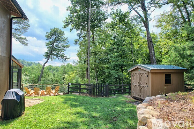 A backyard with a shed and a fence.