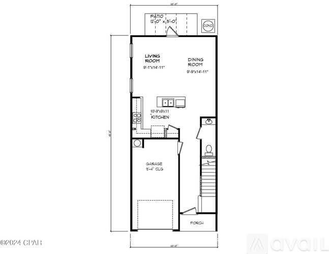 A floor plan of a small apartment with a living room, dining room, kitchen, and garage.