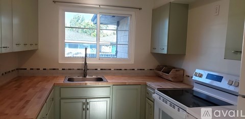 A kitchen with green cabinets and a window overlooking a street.