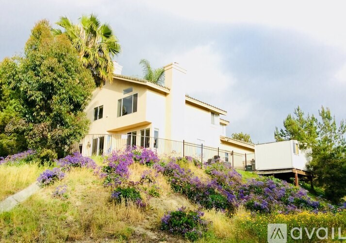 A house with a hill of purple flowers in front of it.