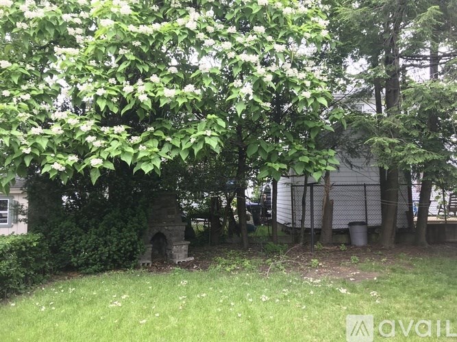 A garden with a fireplace and a water tank.