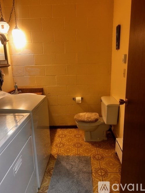 A bathroom with a toilet, sink, and a rug on the floor.